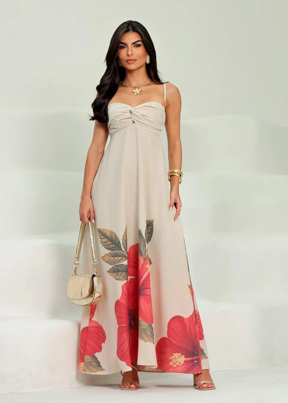 VESTIDO LONGO FLORAL HIBISCUS - NUDE